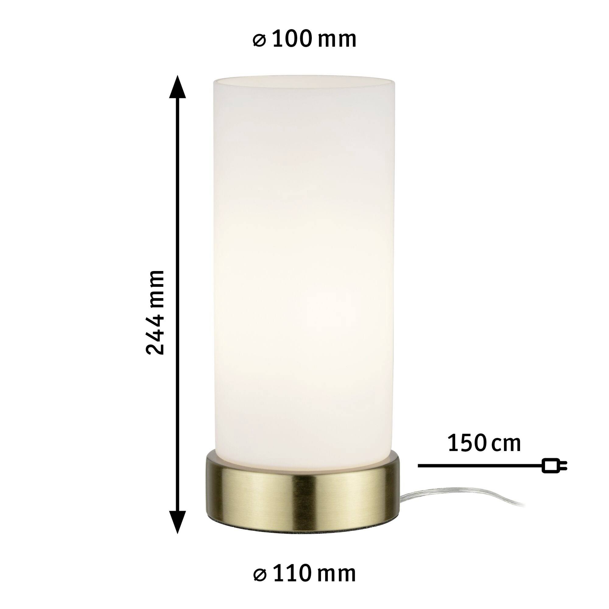 En cylindrisk bordlampe med en diameter på 100 mm, en højde på 244 mm og et kabel på 150 cm længde.