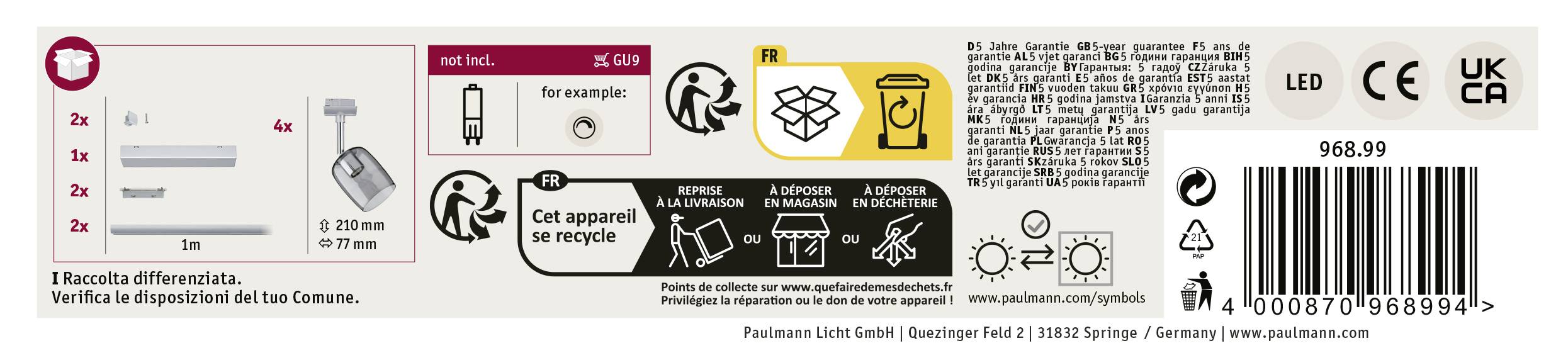 Etiket for LED-lys, viser genbrugsinstruktioner, tilbehør, sikkerhedsmærker og kontaktoplysninger for producenten Paulmann.
