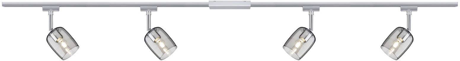 En moderne LED-loftslampe med fire justerbare spotlys monteret på en vandret skinne.