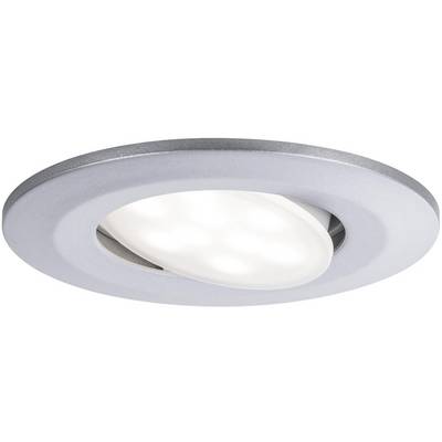 En rund, sølvfarvet loftslampe med integreret LED-panel, der udsender et ensartet diffust lys.