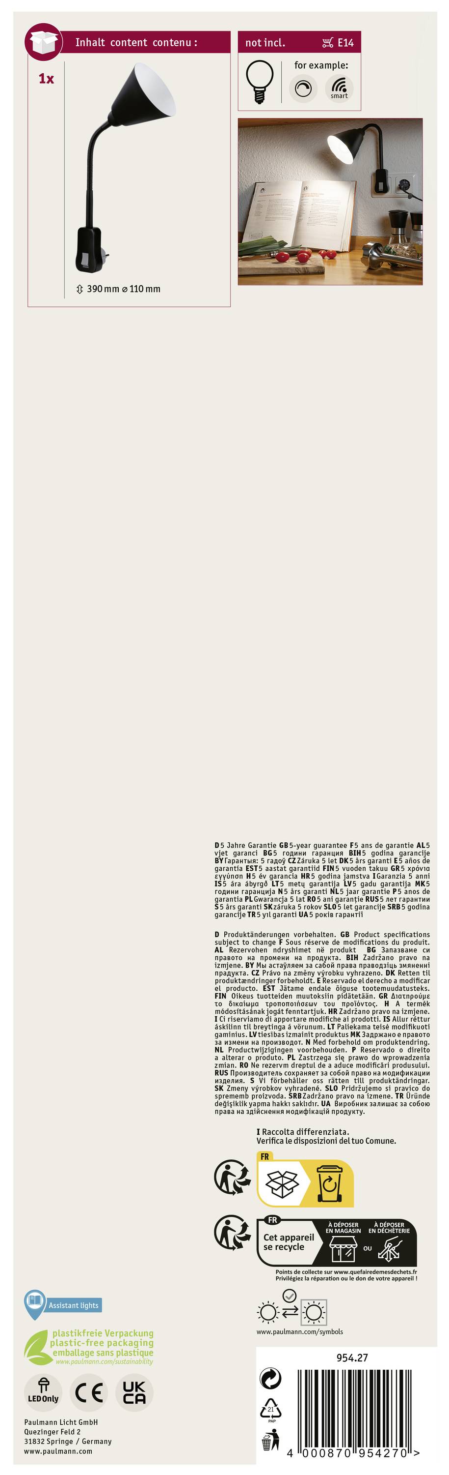 Produktemballage til en sort LED-skrivebordslampe med fleksibel hals. Øverst til venstre et billede af lampen; til højre et billede af lampen i brug. Tekst og symboler med tekniske detaljer nederst.