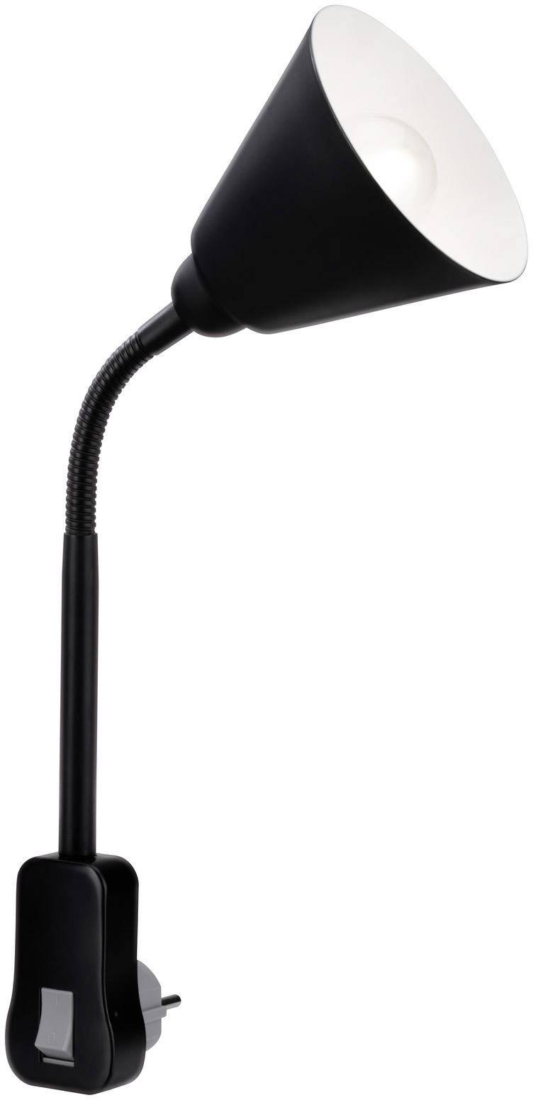 Sort, svingbar væglampe med integreret kontakt og plug-in-design, velegnet til retningsbestemt belysning.
