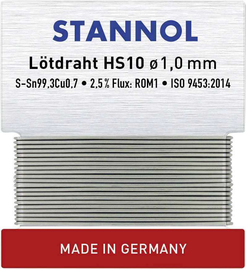 'Loddetrådrulle fra STANNOL, 1,0 mm, Sn99,3Cu0,7, 2,5% flux, ISO 9453:2014, fremstillet i Tyskland.'