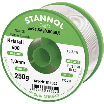 Loddetrådsrulle 'STANNOL TSC305', diameter 1,0 mm, vægt 250 g, flusmiddelklasse IEC61190 RELO, fremstillet i Tyskland.