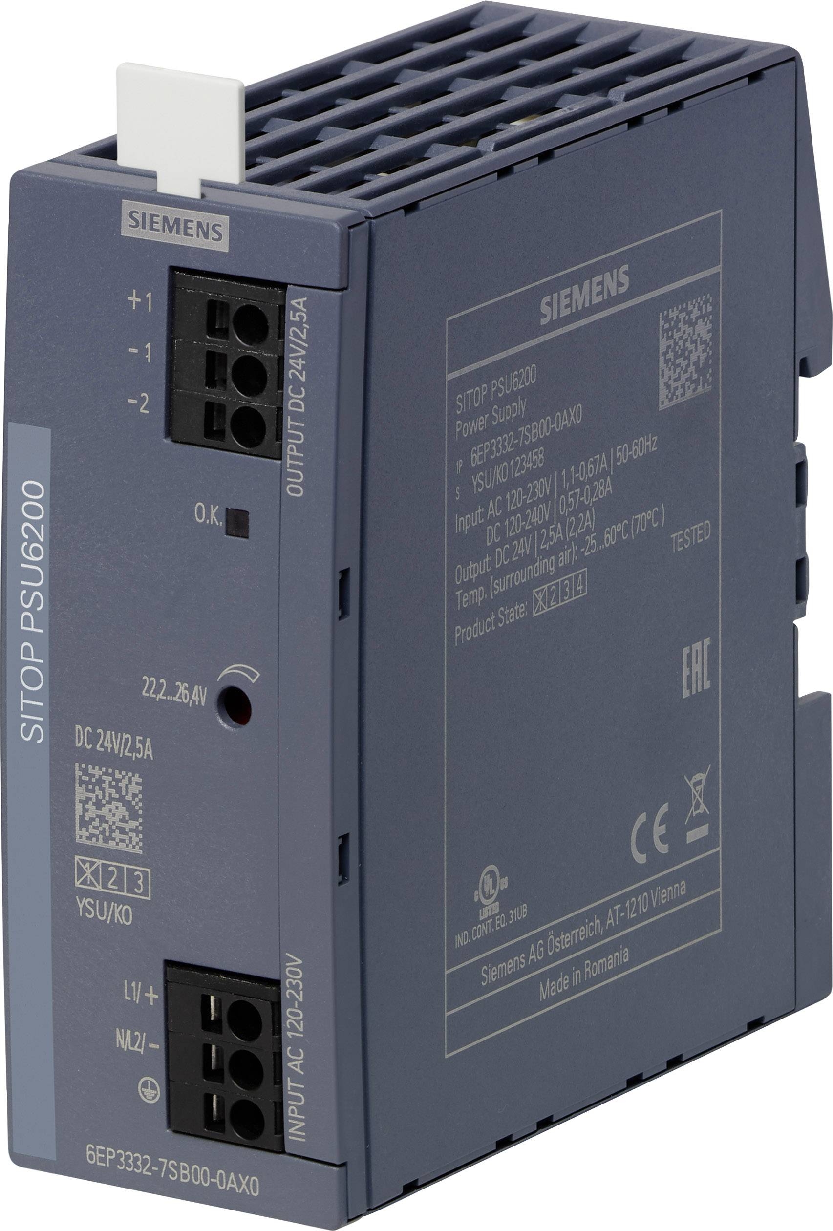 Siemens SITOP PSU6200 strømforsyningsmodul. DC 24V, 2,5A udgang, LED-indikatorer for driftsstatus. Grå, rektangulær kabinet.