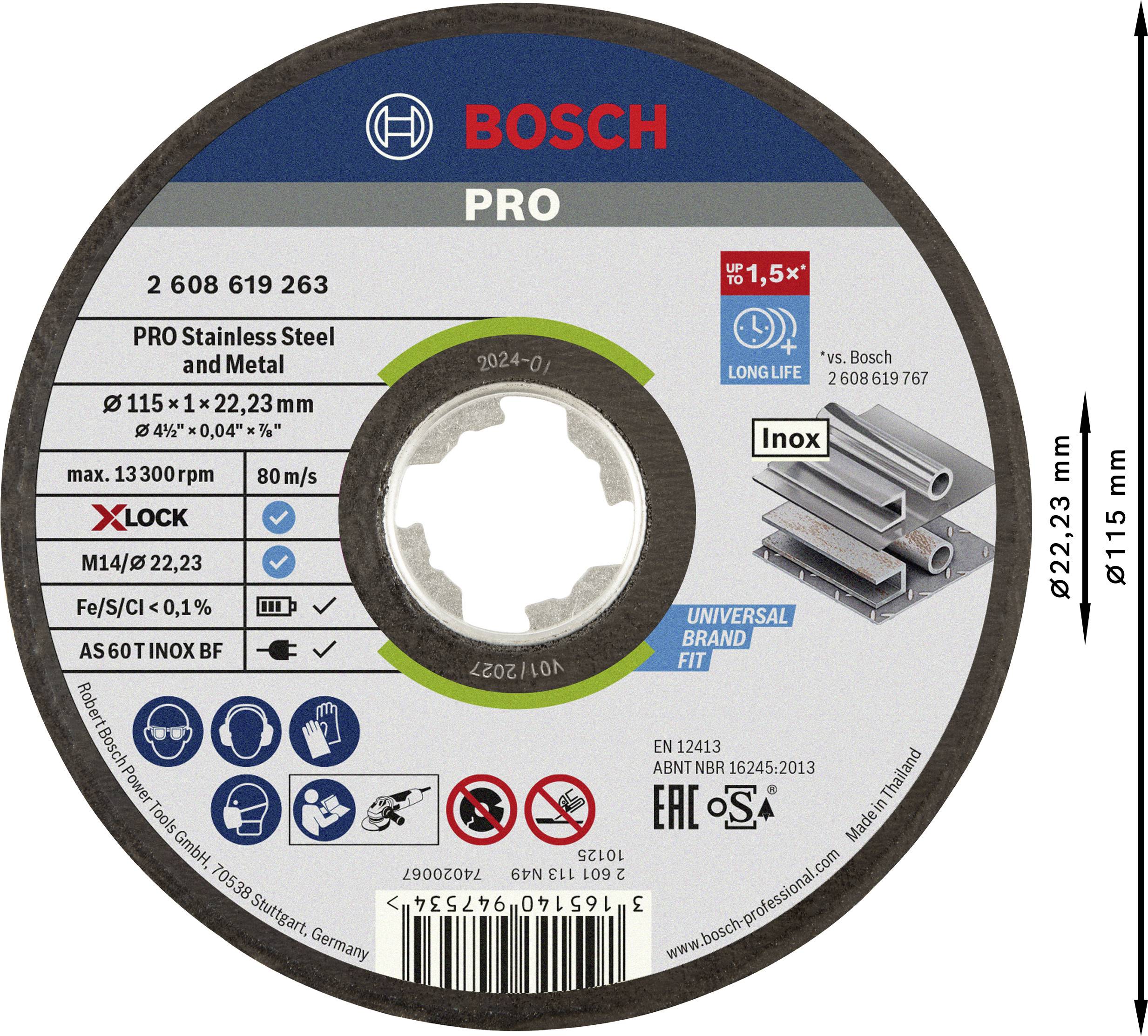En Bosch PRO skæreskive til rustfrit stål og metal, 115 mm diameter, egnet til en maksimal omdrejningshastighed på 13.300 o/min.
