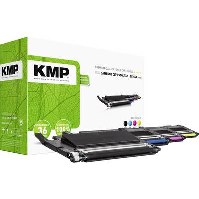 En emballage til KMP-toner med fire tonerpatroner i sort, cyan, magenta og gul. Tekst: 'Kompatibel 100% garanteret'.