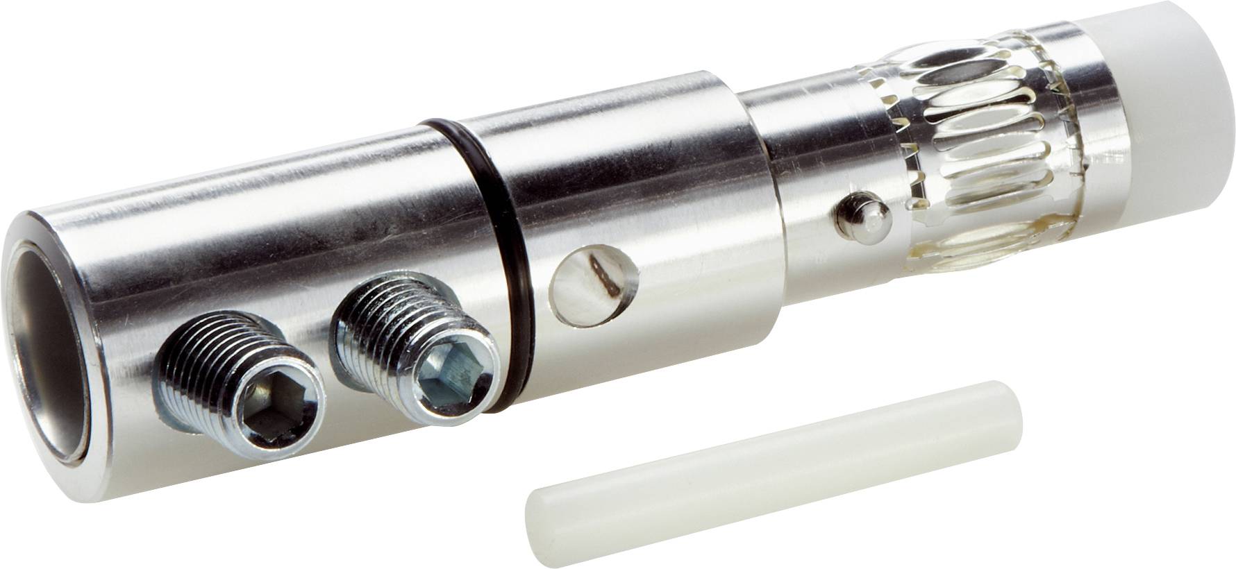 Metallisk cylinder med to skruer og en riflet sektion, sandsynligvis en del af en maskine eller et apparat, foran en hvid baggrund.