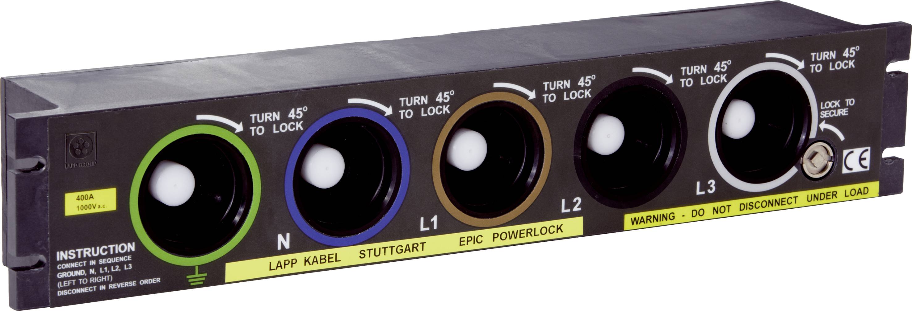 Powerlock-panel med fem farvekodede stik til højstrømsforbindelser: N, L1, L2, L3. Bemærk: Adskil ikke under belastning.