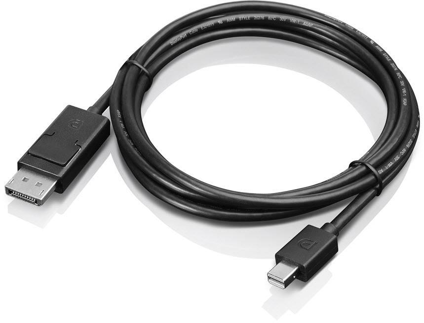 Et sort DisplayPort-kabel med en rektangulær stik på den ene ende og en mindre, flad stik på den anden ende.