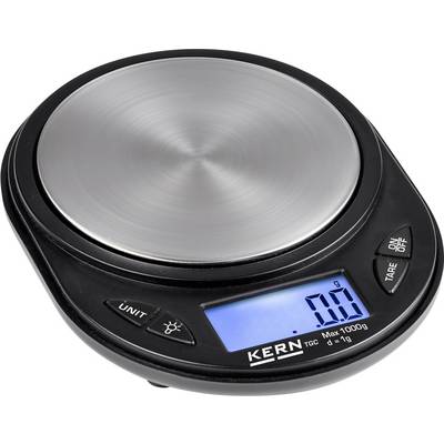 Køkkenvægt med digitalt display viser 0,0 g. Rund vægt i rustfrit stål med sort kant, taster til tænd/sluk, tara og enhed.
