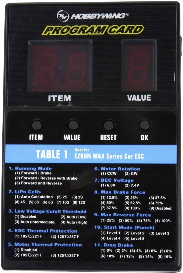 Et sort Hobbywing-programmeringskort viser digitalt 'ITEM' og 'VALUE', med blå instruktioner til 'EZRUN MAX Series Car ESC'.