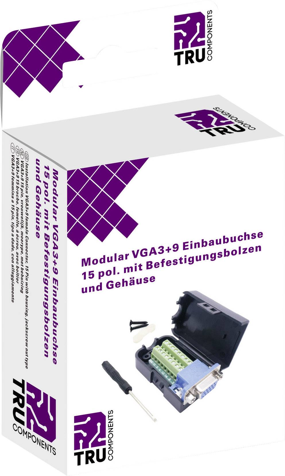 Emballage med påtrykt tekst 'Modulær VGA3+9 indbygningsstik 15-polet med fastgørelsesbolte og kabinet'. Indeholder stik og skruetrækker.