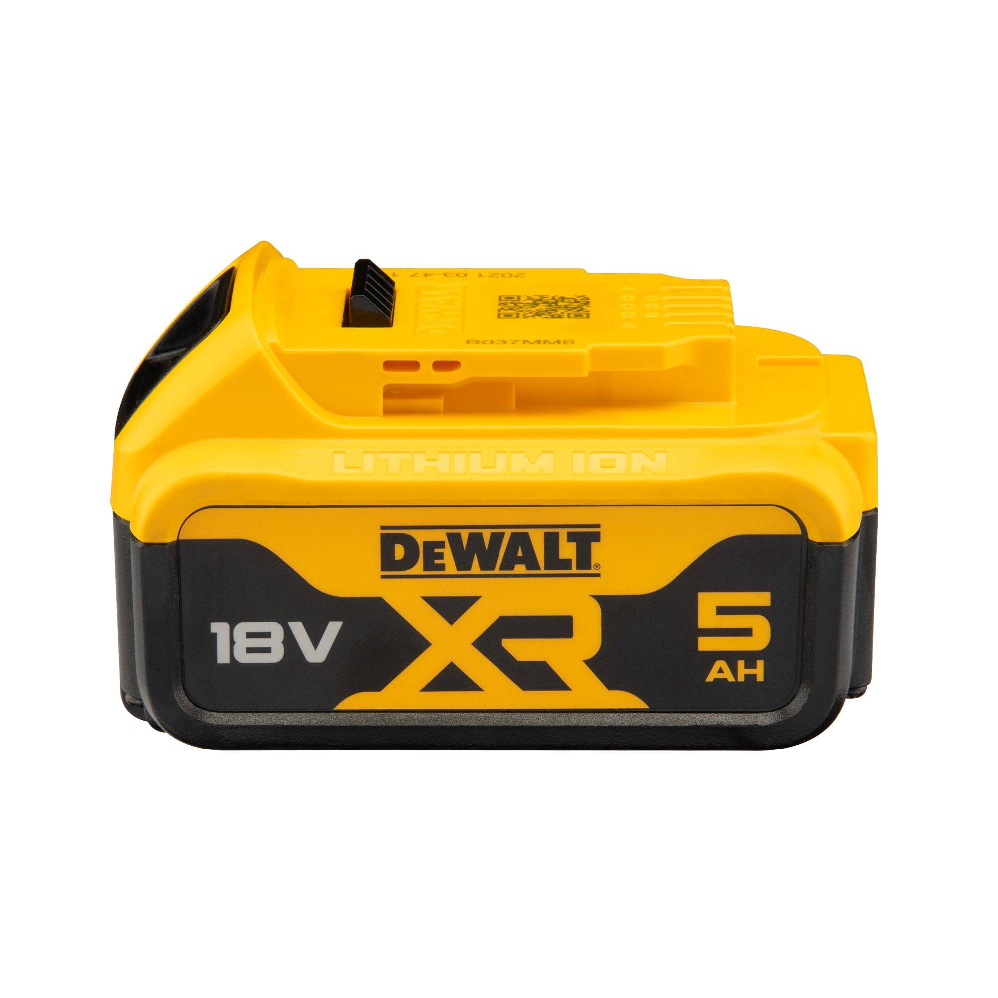 Gul DeWalt 18V XR 5Ah lithium-ion batteri, rektangulær form, sorte detaljer, designet til værktøj.