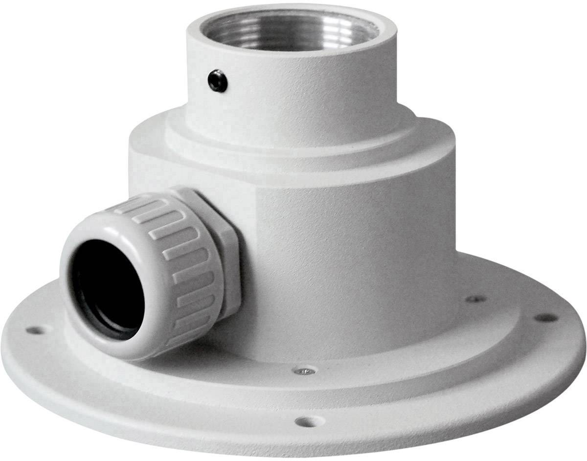 Hvid metalholder, cylinderformet, med cirkulær base og kabelgennemføring, sandsynligvis til montering af enheder.