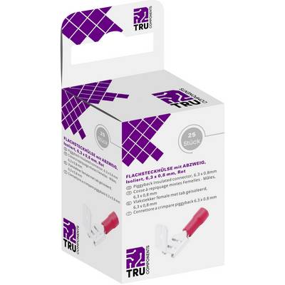 Emballage med 25 røde flade stikbøsninger. Mærke 'TRU Components'. Tekst: 'Flad stikbøsning med forgrening, 6,3 x 0,8 mm'.
