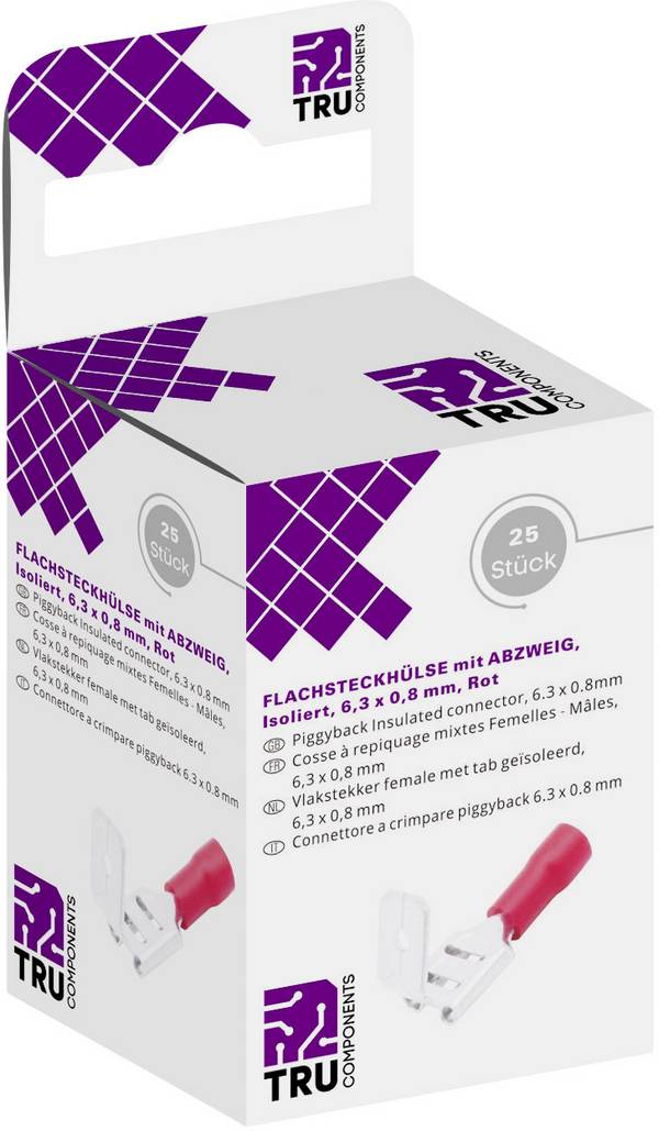 TRU COMPONENTS T1904C046 Fladstikholdere sortiment Med forgrening Stikbredde: 6.30 mm Stiktykkelse: 0.80 mm 180 ° Delvist isoleret Rød 25 stk