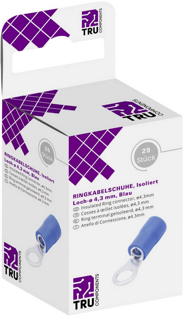 TRU COMPONENTS T1904C060 Ringkabelsko Tværsnit (max.)=2.50 mm² Hul-dia.=4.30 mm Delvist isoleret Blå 25 stk