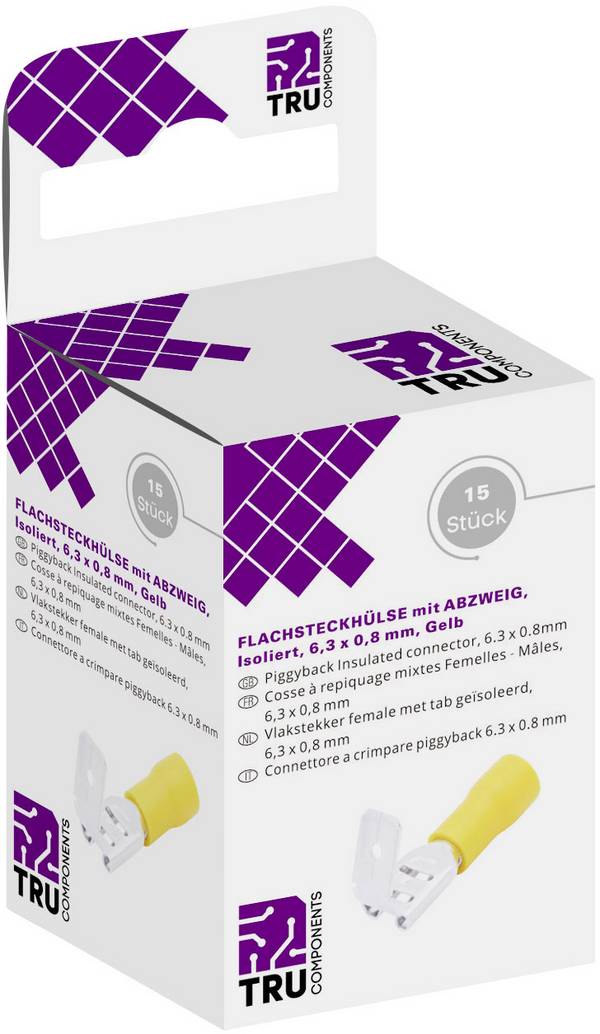 TRU COMPONENTS T1904C112 Fladstikholdere sortiment Med forgrening Stikbredde: 6.30 mm Stiktykkelse: 0.80 mm 180 ° Delvist isoleret Gul 15 stk