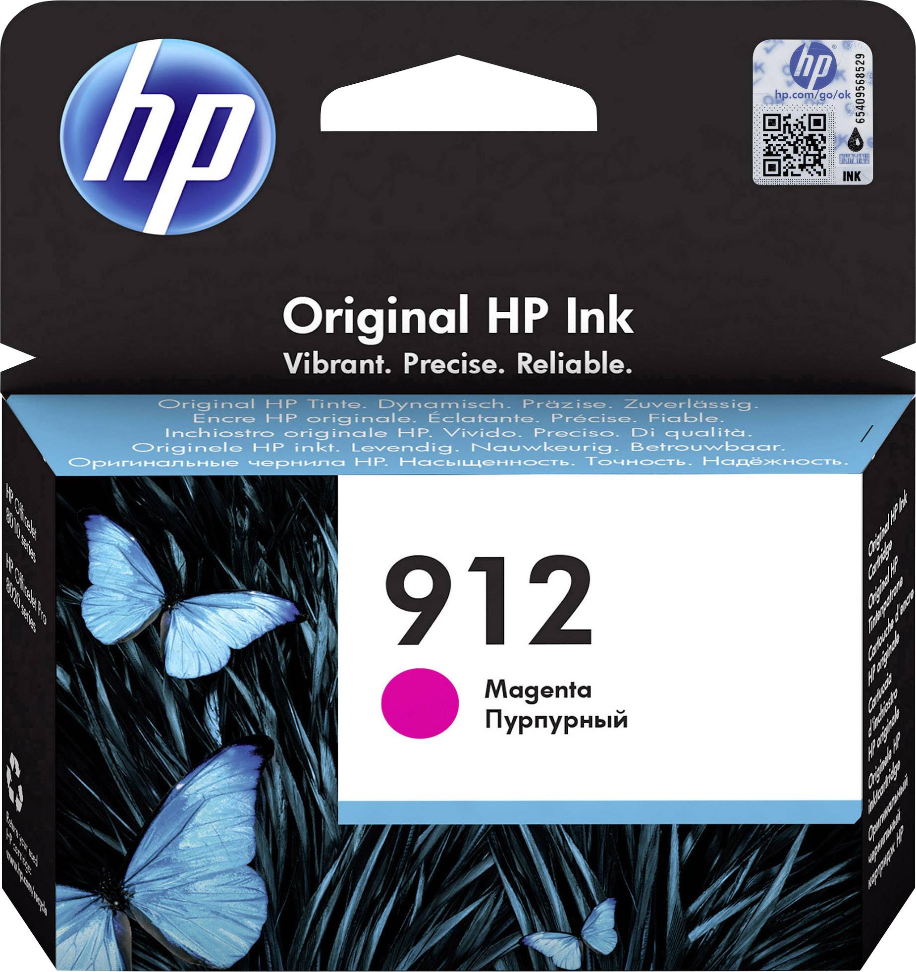 Emballage til en HP-blækpatron i magenta (912), pyntet med blå sommerfugle, tekst: 'Original HP-blæk - Levende. Præcist. Pålideligt.'
