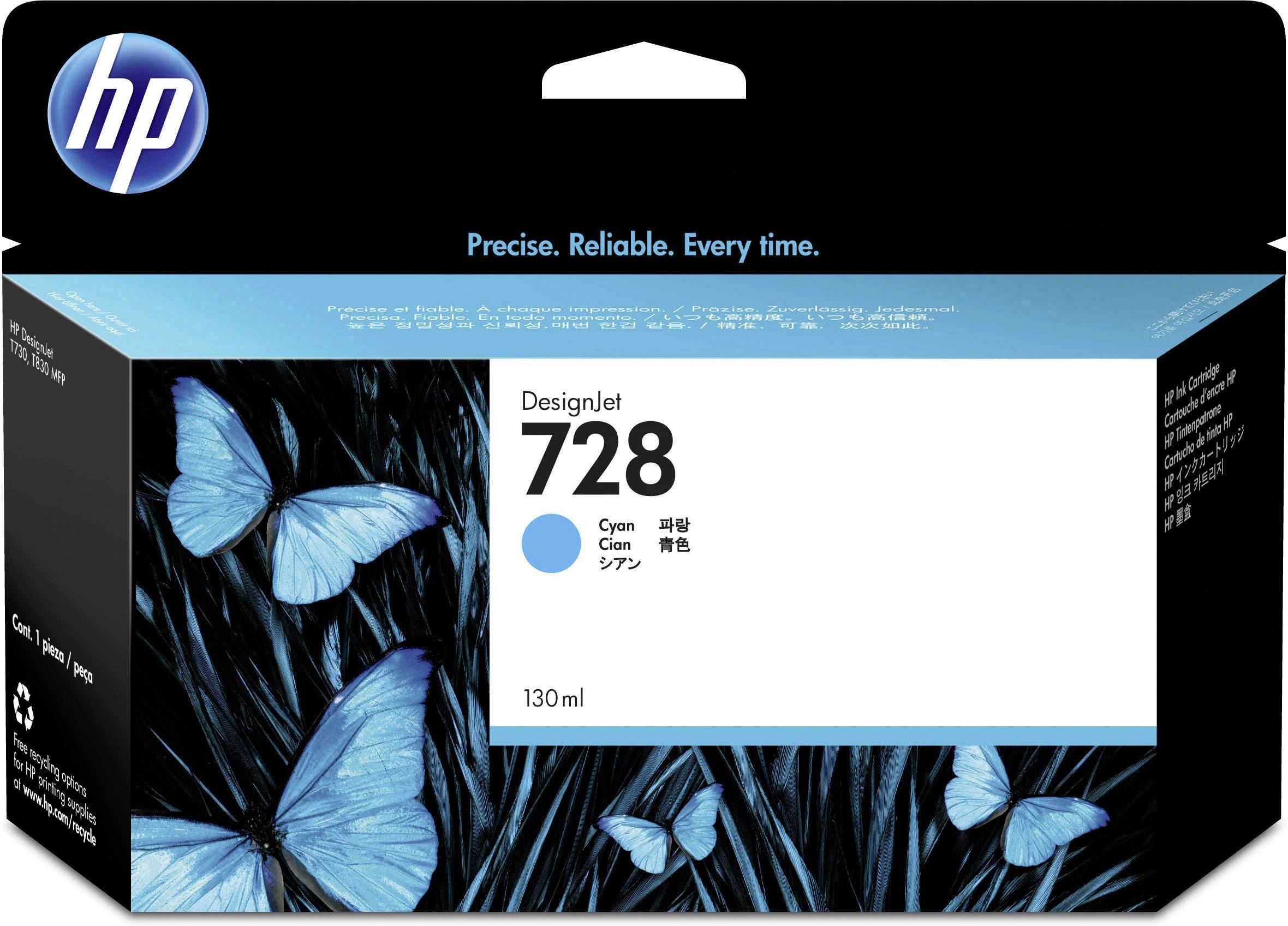 Produktemballage til HP DesignJet 728 Cyan-patron, 130 ml, med blåt sommerfugledesign og sloganet 'Præcis. Pålidelig. Hver gang.'