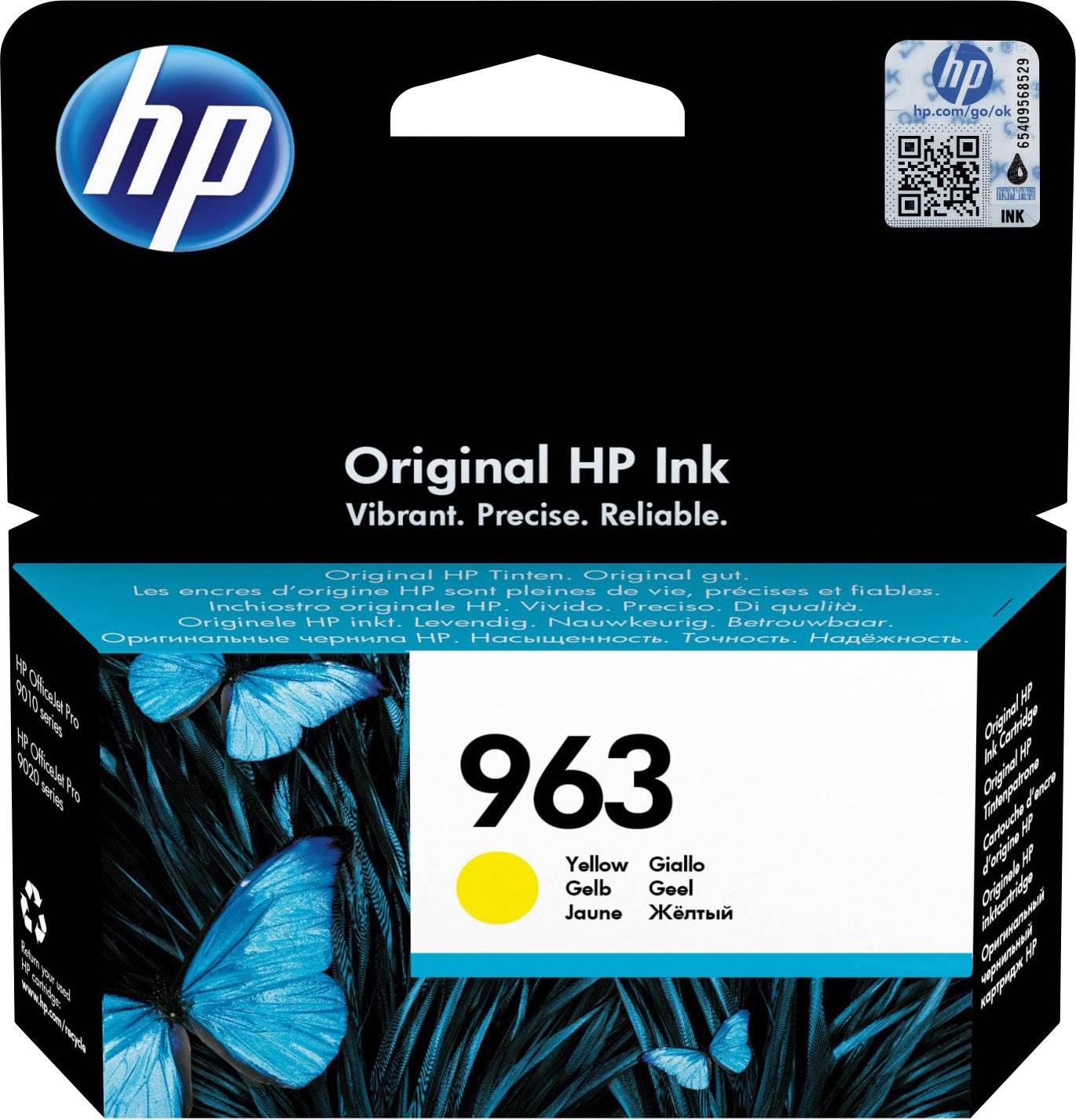 HP blækpatron i gul med nummeret 963. Emballage viser blå sommerfugle. Tekst: 'Original HP-blæk. Levende. Præcis. Pålidelig.'