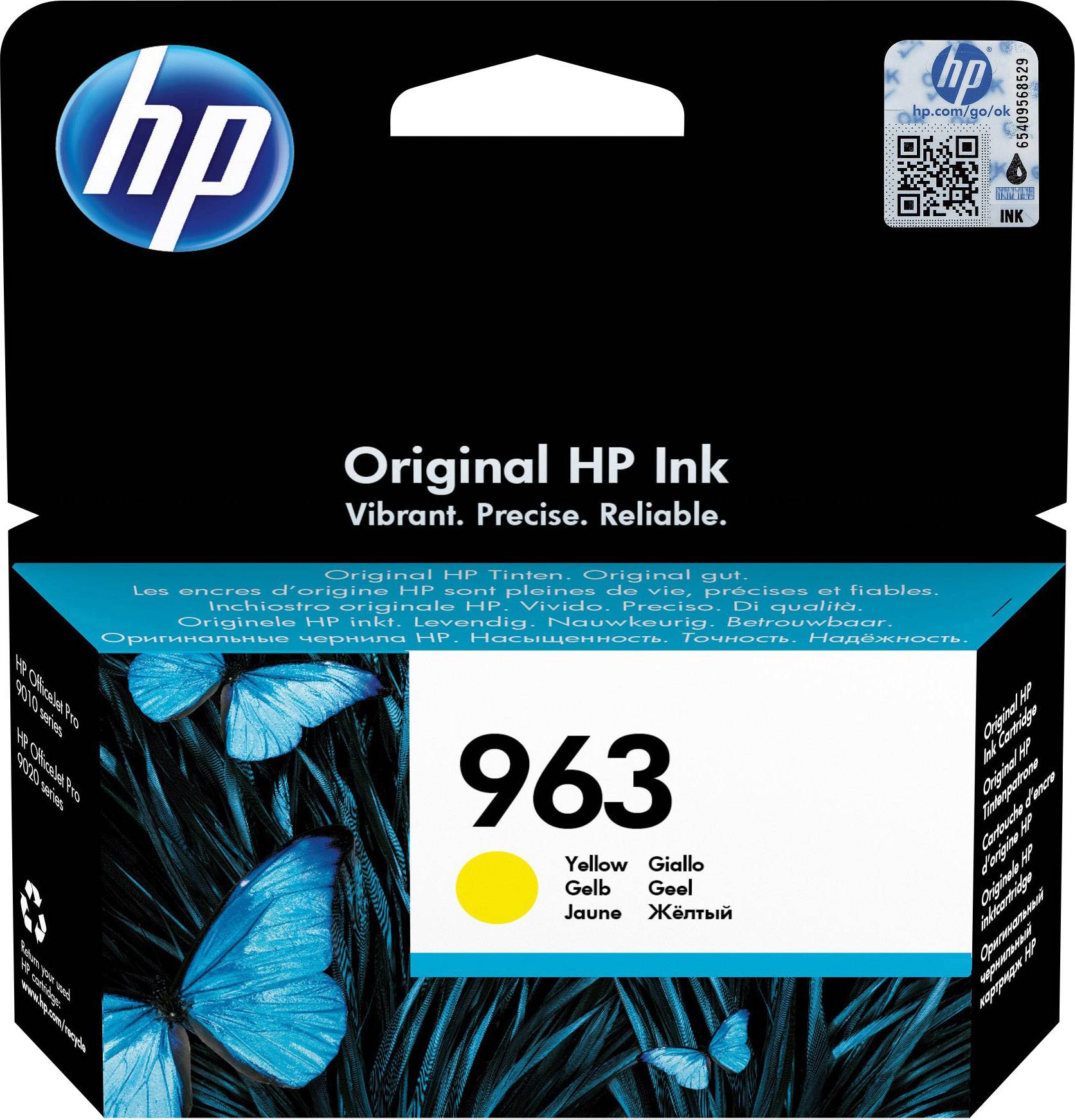 En emballage med 'Original HP Ink', gul patron 963. Påtrykt: 'Livlig. Præcis. Pålidelig.' Øverst til venstre et blåt HP-logo.