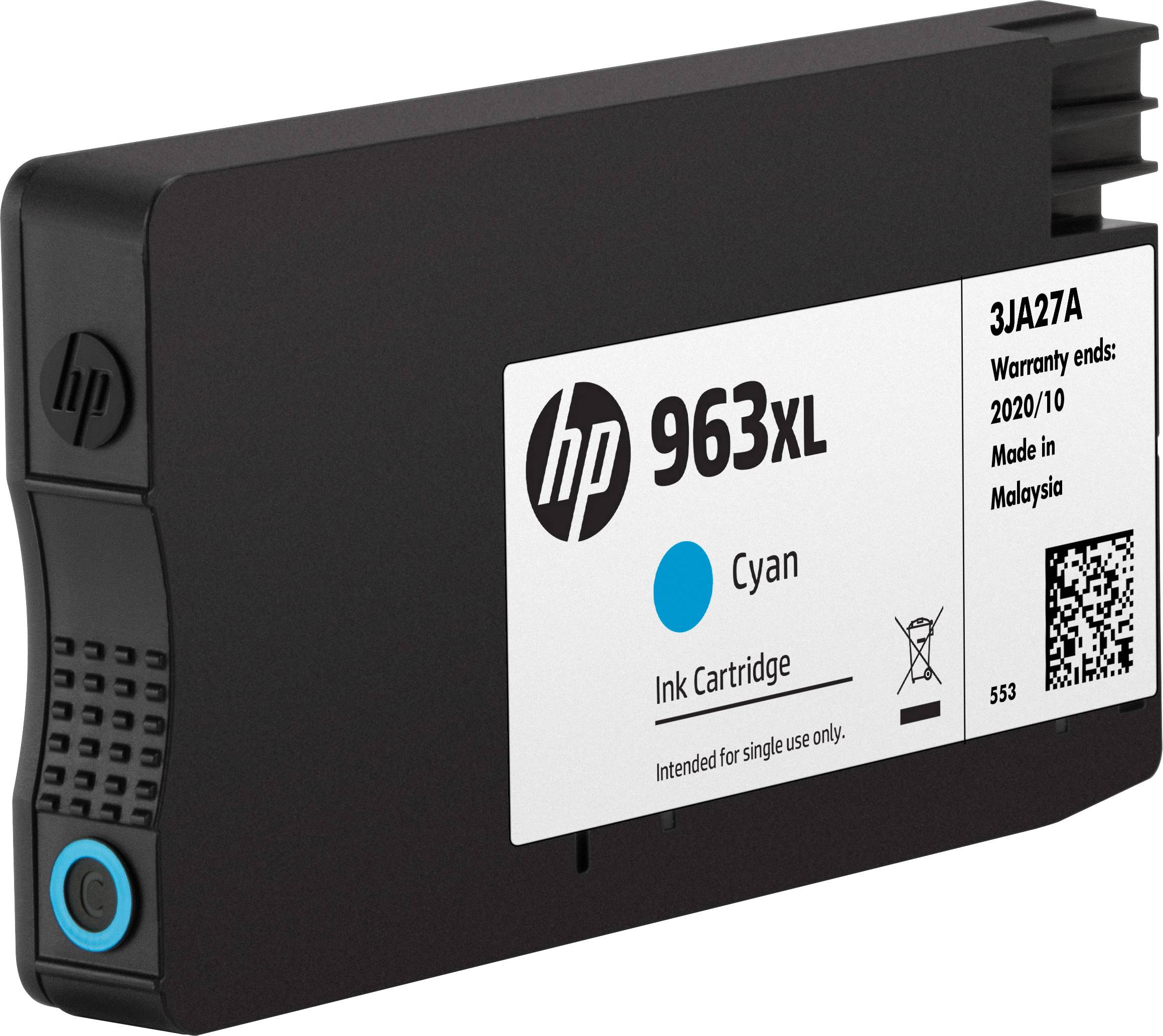 Sort blækpatron 'HP 963XL Cyan' med blåt mærke, fremstillet i Malaysia, garanti udløber 10/2020.