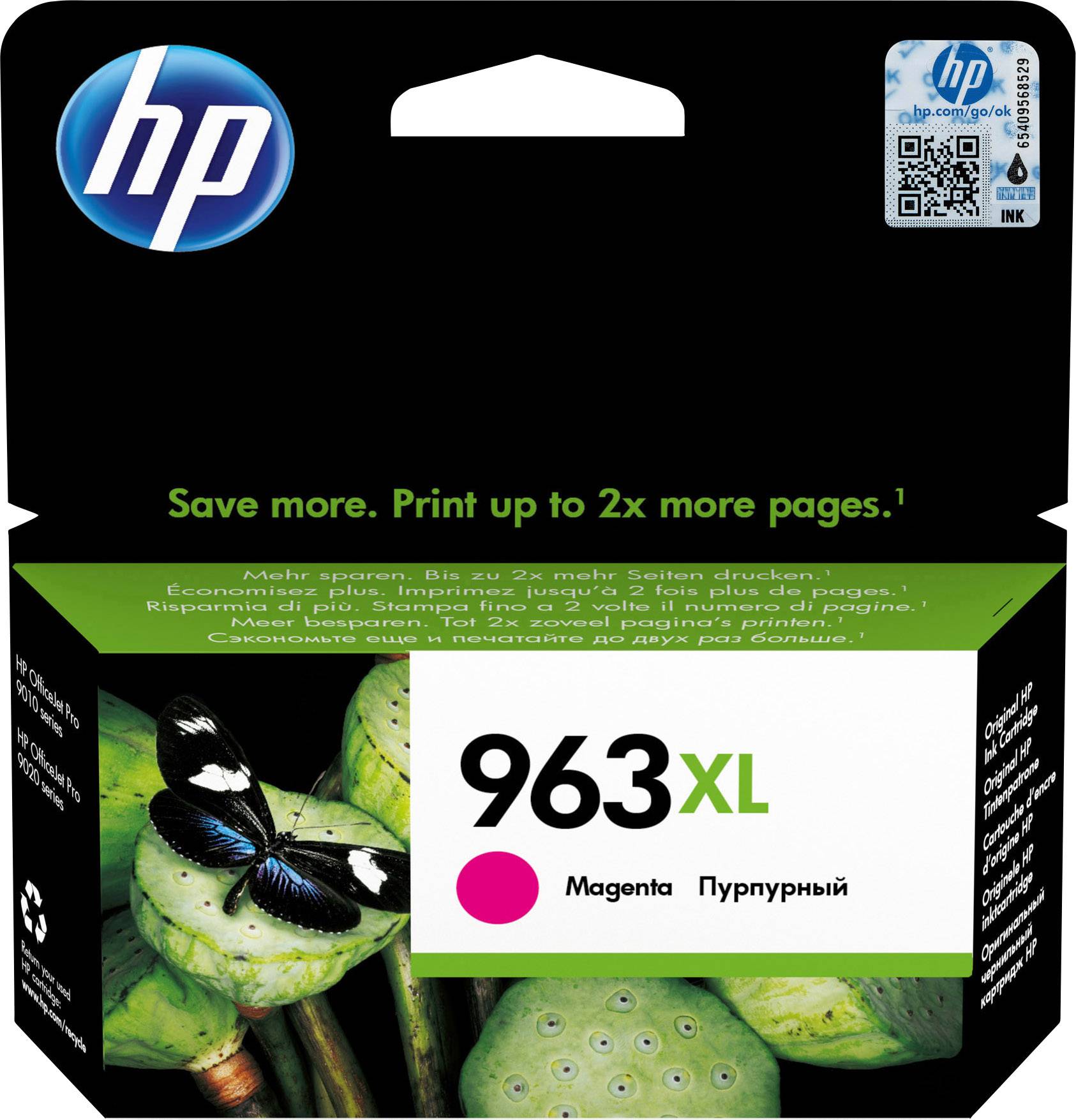 'HP 963XL magenta blækpatron. Sparer op til 2x flere sider. Emballagen viser en sommerfugl på grønne blade.'