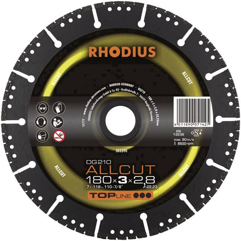 'RHODIUS Allcut 180x3x22.3 mm' Skæreskive til metal og andre materialer. Sort design med gult logo og sikkerhedsikoner.