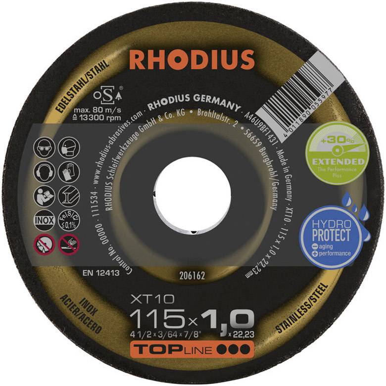 Vinkelslebeskive med riller, mærke 'Rhodius', diameter 115 mm, tykkelse 1,0 mm, egnet til rustfrit stål og stål.
