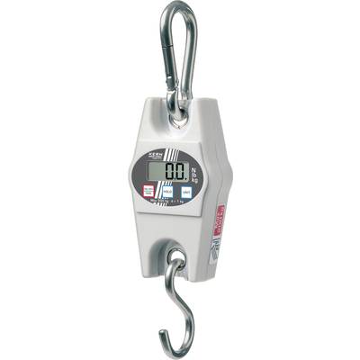 Digital kranvægt i metal med stor krog øverst og nederst. Display viser '0,0 kg'. Egnet til vejning af tunge genstande.