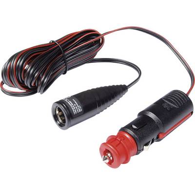 Langt sort kabel med en rød og sort stik. Den ene stik kan sættes i en bils strømudtag.
