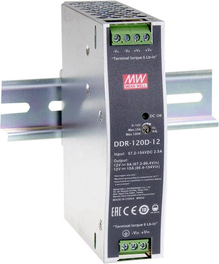 DIN-skinne strømforsyning med indgang 67-264VAC, udgang 12V ved 10A. Mærkelogo øverst, model 'DDR-120D-12'. Kompakt, industriel konstruktion.