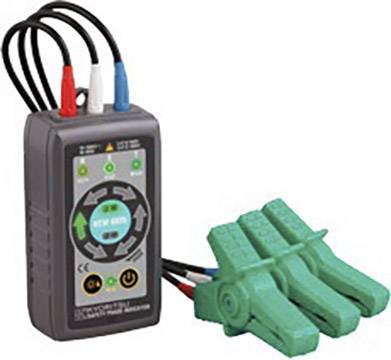En elektrisk fasetester med sorte kabler og grønne målekabler. Enheden er til kontrol af faserækkefølge.