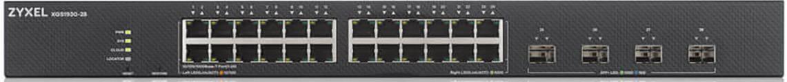 En netværksswitch fra Zyxel med 24 Ethernet-porte og 4 SFP-porte, egnet til store netværksmiljøer.