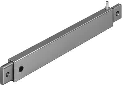 Aluminiumsprofil med rektangulært tværsnit, to boringer i enderne. Egnet til industriel brug eller monteringsapplikationer.