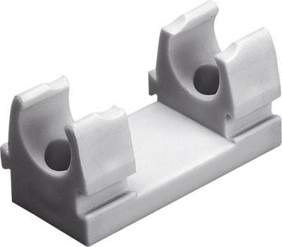 En hvid plastikholder med to halvrunde klemmer, egnet til at fastgøre cylindriske objekter, f.eks. i en værktøjskasse.