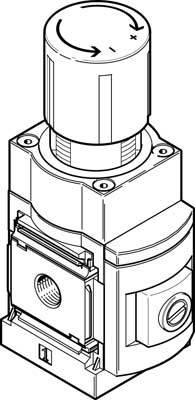 Et teknisk diagram viser en ventil eller pumpe med et drejeligt betjeningshåndtag øverst og sideudgange.
