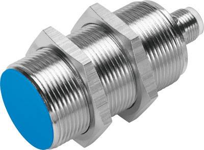 Cylindrisk, metalisk sensor med blå lakeret hoved.