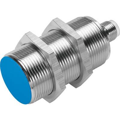 Cylindrisk, metalisk sensor med blå lakeret hoved.