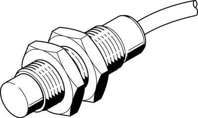 Illustration af en cylindrisk proximity-sensor med gevind, to låsemøtrikker og et kabeludgang til højre.