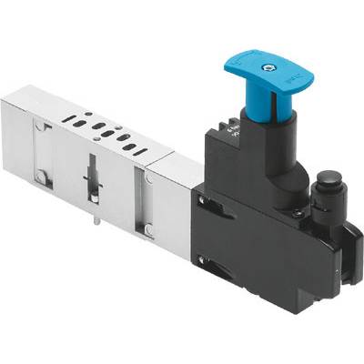 En blå-sort enhed med metalkomponenter, sandsynligvis en elektrisk kontakt eller ventil til industrielle formål.