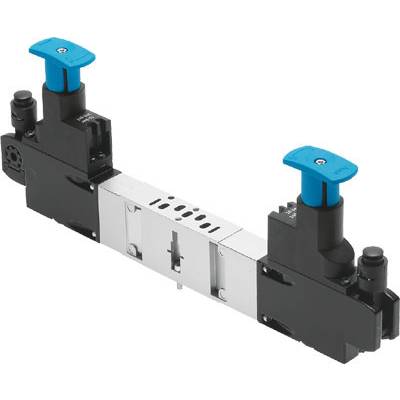 Et elektropneumatisk ventil med to blå håndtag i enderne til styring af luftstrømmen i et pneumatisk system.