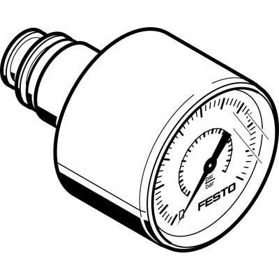 Sort-hvid trykmanometer med skala for PSI og Bar, producent 'Festo', viseren peger på middeltrykket.