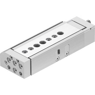 Et cylindrisk lineært drivmodul af metal med flere befæstigningspunkter og to tilslutningsåbninger på hver side.