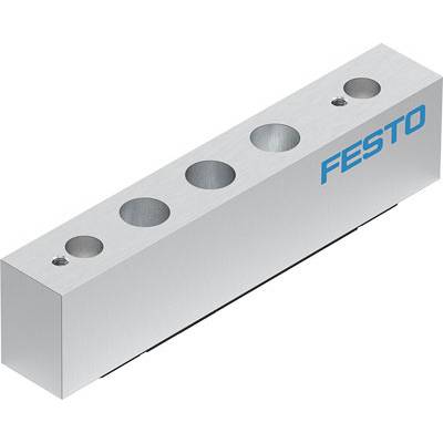 Metalblok med fem boringer og 'FESTO' logo på siden.