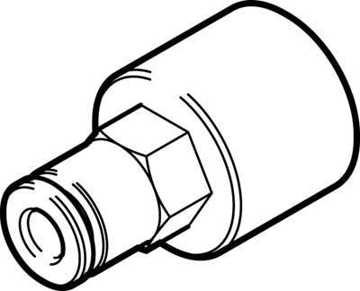 En teknisk tegning af en cylindrisk adapter med gevind og sekskantmøtrik i midten.