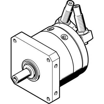 Skitsetegning af en hydraulikmotor med flange, flere skruhuller og to tilslutninger øverst.