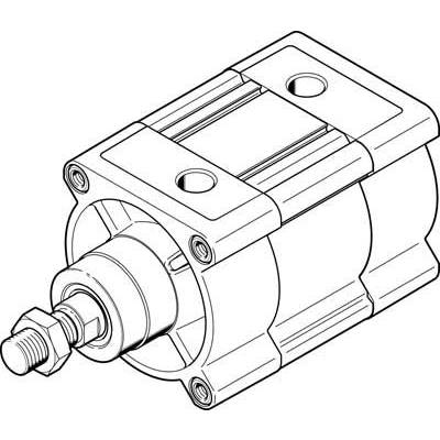 Et teknisk diagram af en pneumatisk cylinder med skrue og pakning, ofte brugt i maskiner eller automatiseringssystemer.